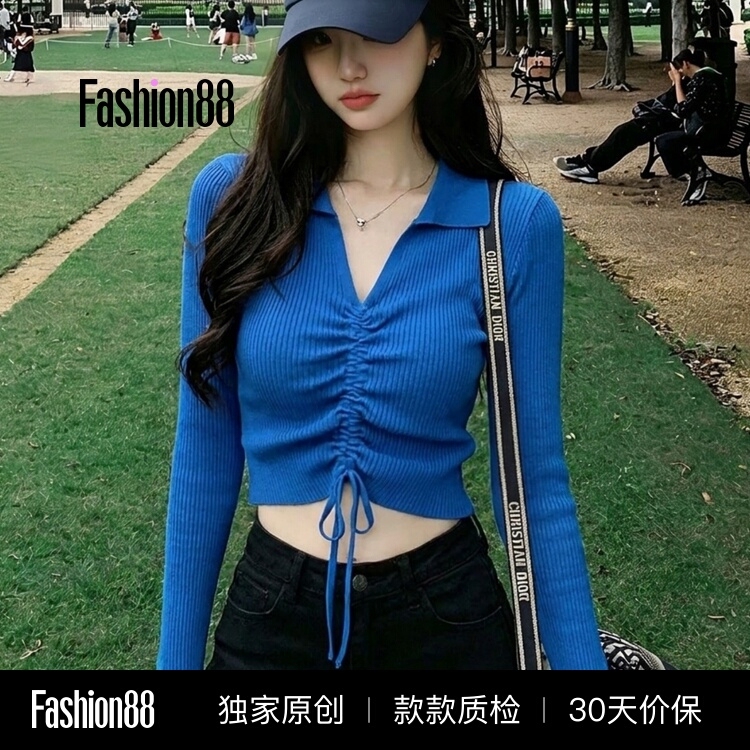 Hot Girl Style Polo V-Neck Drawstring Short Knitted Sweater Women's Autumn Blue Slim-Fit Long-Sleeved High-Waisted Crop Top