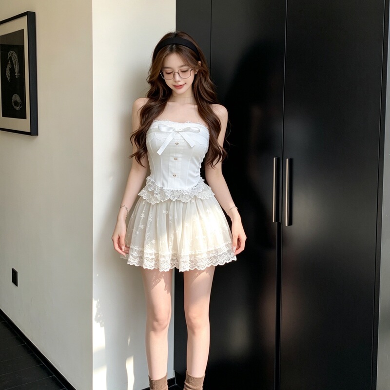 Sweet and Elegant Versatile Lace-Trimmed Tie-Bow Slim-Fit Butterfly Buckle Short Tube Top for Women Sweet and Elegant Versatile Lace-Trimmed Tie-Bow Slim-Fit Butterfly Buckle Short Tube Top for Women