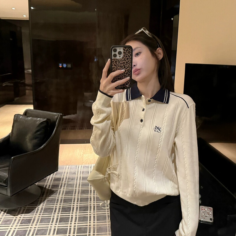 Korean-Style College-Style Embroidered Color-Block Polo Collar Knit Sweater for Women, Early Autumn Loose Sweater That Can Be Worn as Outerwear or Innerwear