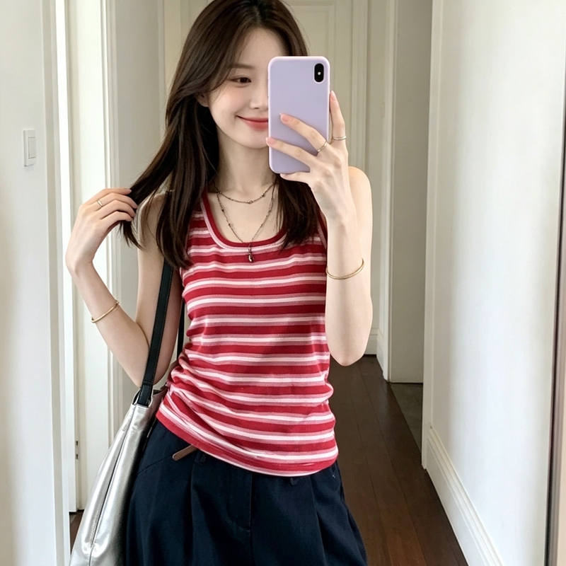 2026 New Summer Style Red Striped Camisole for Outerwear, Chic and Stunning, Slimming and Perfect for Layering, Hong Kong Style Sleeveless Top 2026 New Summer Style Red Striped Camisole for Outerwear, Chic and Stunning, Slimming and Perfect for Layering, Hong Kong Style Sleeveless Top