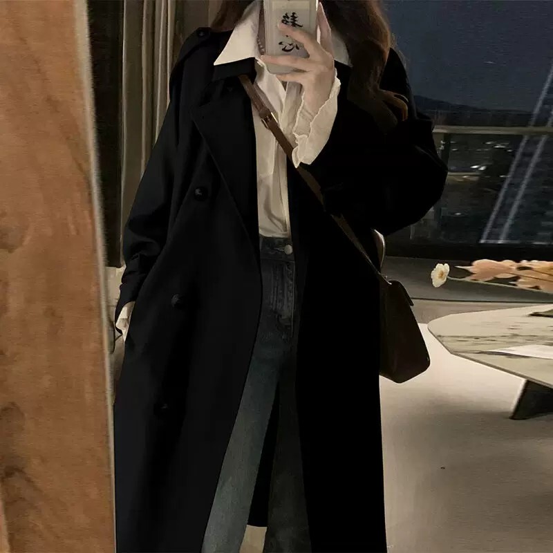 Black Trench Coat for Women, Petite, Mid-Length, New Style, Spring and Autumn, Korean Style, Trendy This Year, British Style Coat Black Trench Coat for Women, Petite, Mid-Length, New Style, Spring and Autumn, Korean Style, Trendy This Year, British Style Coat