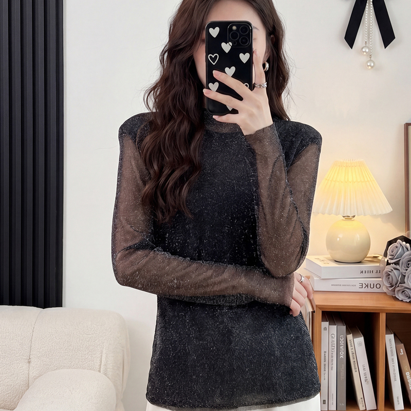 Light Luxury Style Sequined Mesh Long-Sleeved Top for Women, Black See-Through Slim Fit Versatile Base Shirt, Korean Style Slimming Lace Shirt