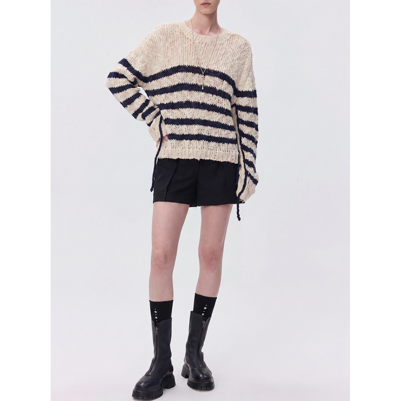 2026 Autumn and Winter New Korean Style Retro Contrast Striped Knitwear Round Neck Lazy Pullover Long-Sleeved Sweater for Women