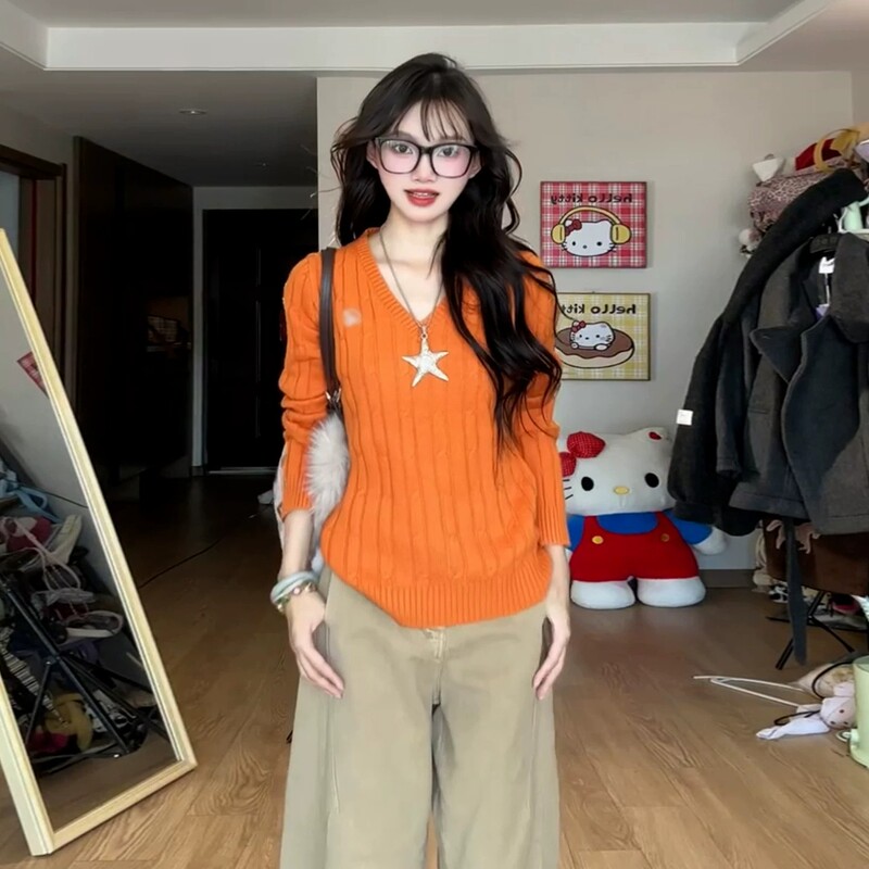 2026 Dopamine Orange V-Neck Cable Knit Sweater for Women, Autumn Slim Fit Long Sleeve Sweater Top