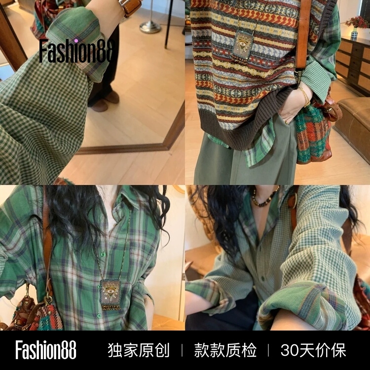 Color-Blocking Japanese Retro Double-Layer Gauze Double-Sided Plaid Shirt for Women, Autumn Design, Loose Casual Top for Petite Figures Color-Blocking Japanese Retro Double-Layer Gauze Double-Sided Plaid Shirt for Women, Autumn Design, Loose Casual Top for Petite Figures