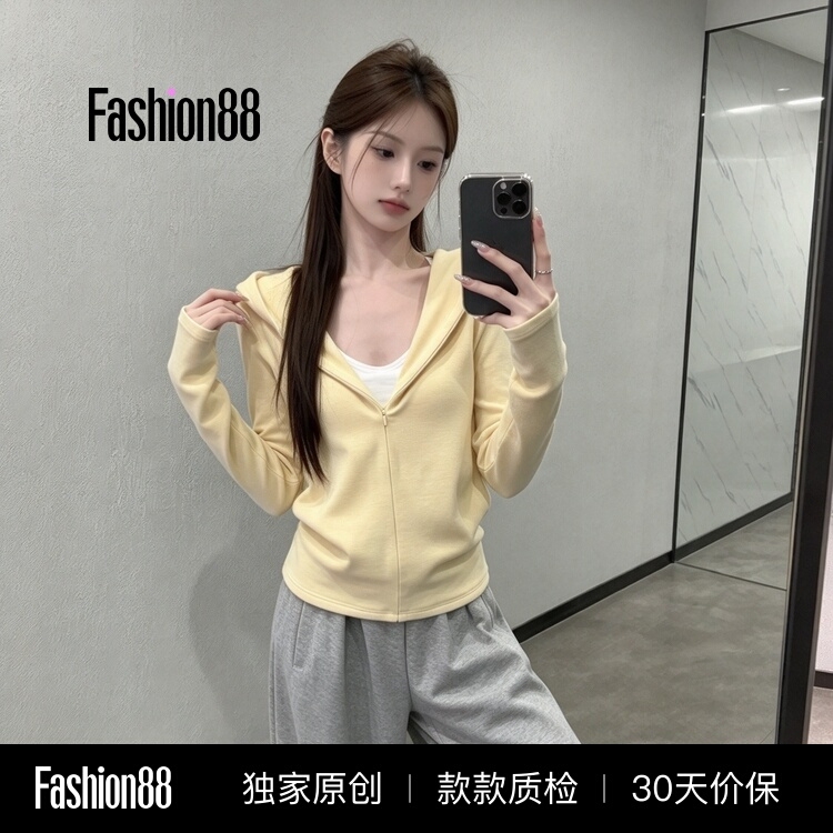 Yellow Hooded Zip-Up Cardigan for Women, 2026 New Autumn and Winter Long-Sleeve Slim-Fit Versatile Hooded Jacket Yellow Hooded Zip-Up Cardigan for Women, 2026 New Autumn and Winter Long-Sleeve Slim-Fit Versatile Hooded Jacket