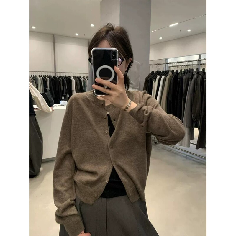 Early Autumn Vibe Loose Casual Top Jacket Melard Retro Coffee Color Round Neck Long Sleeve Knitted Cardigan for Women