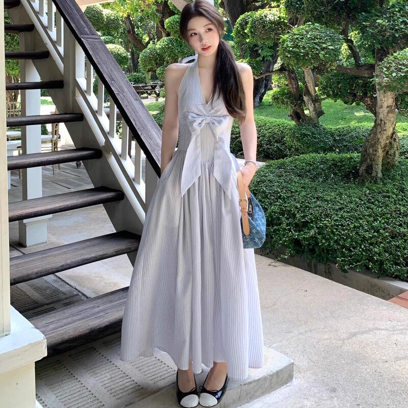 French V-Neck Halter Backless Dress for Women Summer 2025 New Design Waist-Cinching Bow Striped Long Dress French V-Neck Halter Backless Dress for Women Summer 2025 New Design Waist-Cinching Bow Striped Long Dress