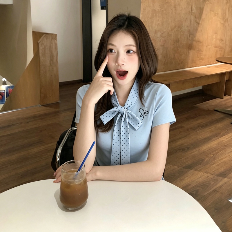 Korean-Style Blue Polka Dot V-Neck T-Shirt with Bow Tie Design for Women, Summer Elegant Slim-Fit Versatile Top