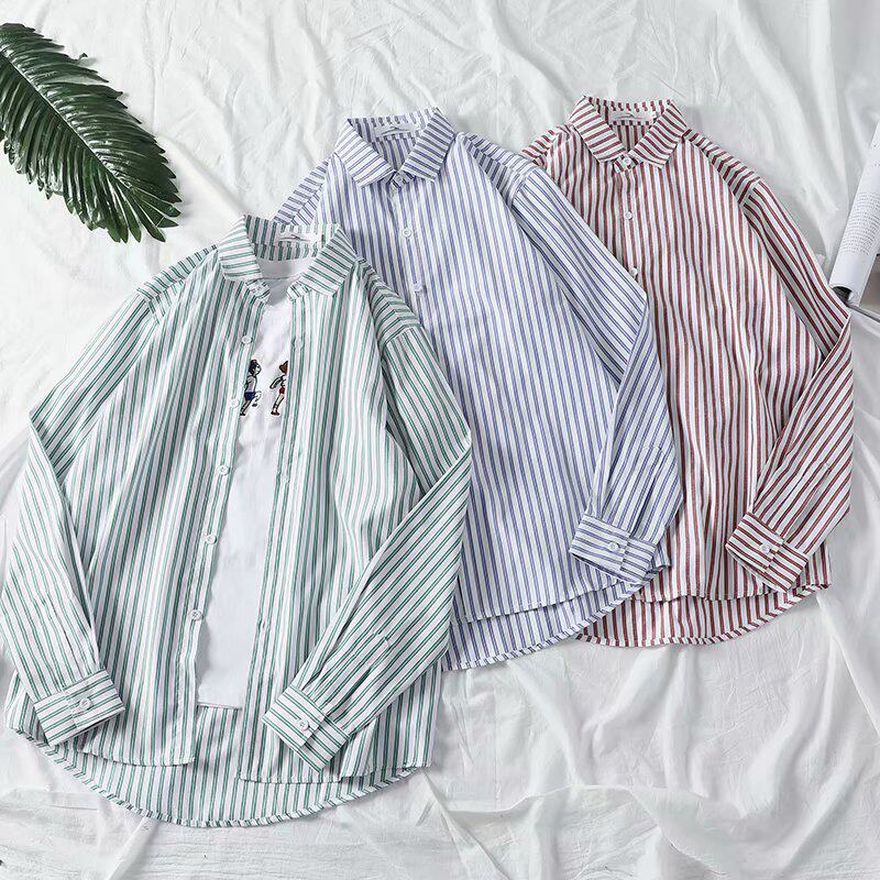 Spring and summer Port wind casual loose long-sleeved striped pure Pe ア ア ア shirt male youth Korean version of the trend student shirt