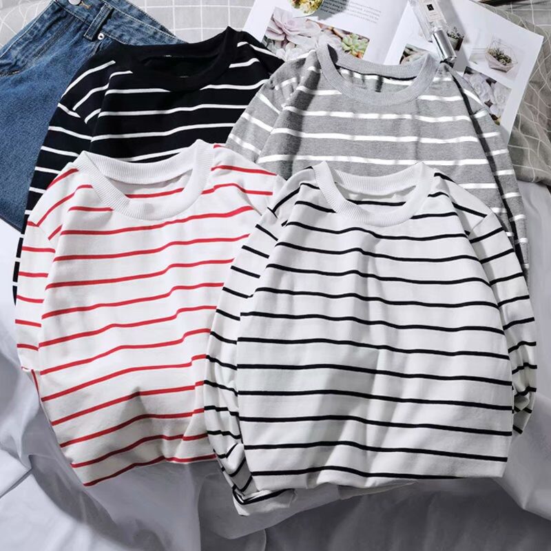 Spring and autumn new long-sleeved T-shirt men's Korean slim fit trend round neck striped inner jacket Teen men's T-shirt