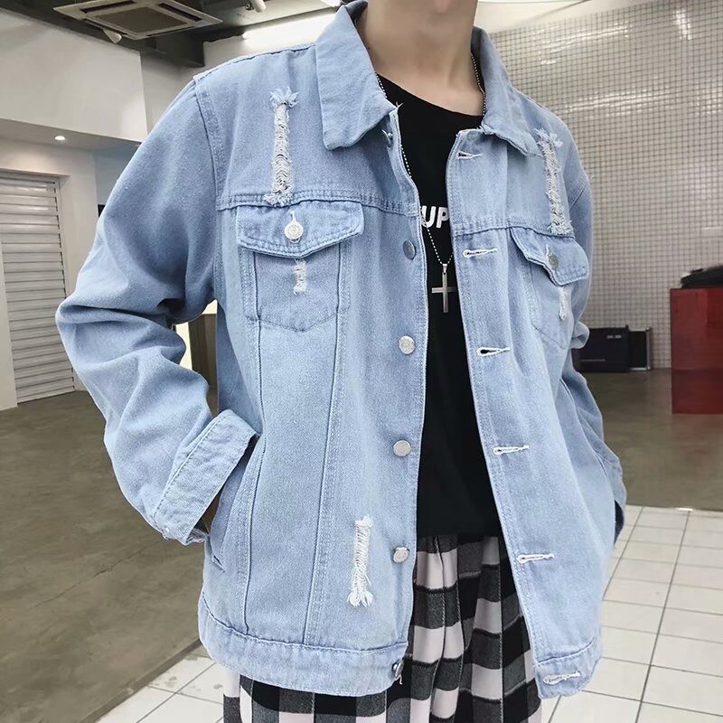 Fall Breaking Hole Denim Jacket Men's Clothing Han Prints Students Handsome Clothes Fashion Trends Easy Bf Wind Jackets 100 Hitchhiking