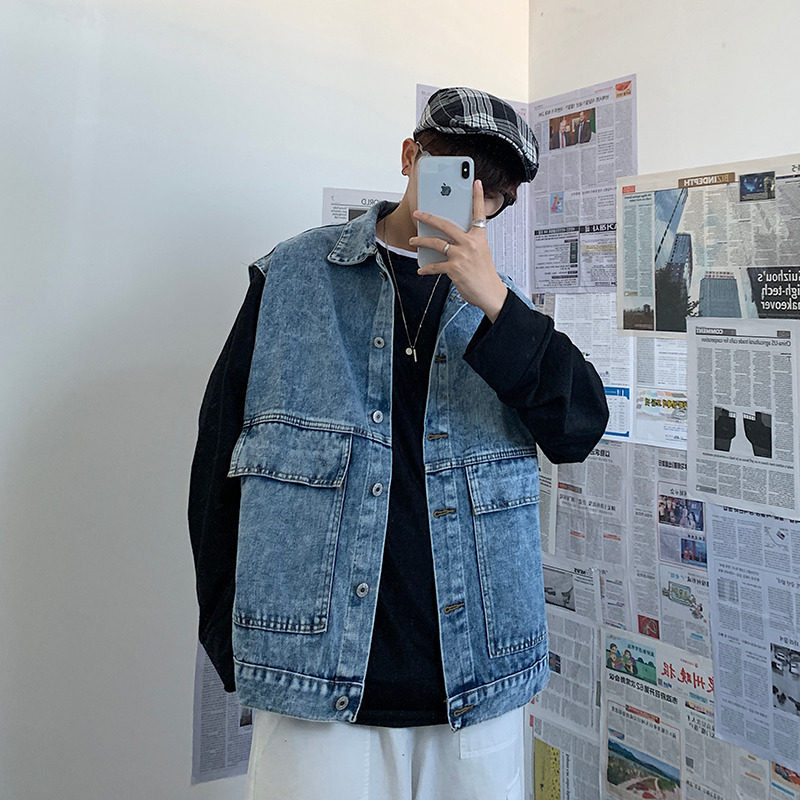 Spring and autumn denim jacket men loose handsome vest Korean trend ins sleeveless vest tooling vest waistcoat