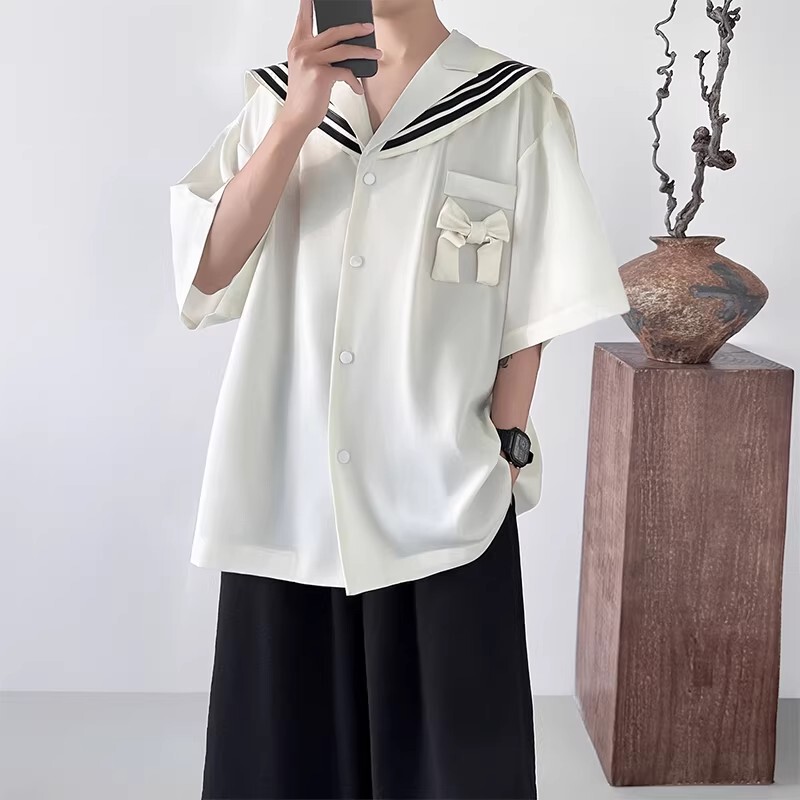 College Style Navy Collar Short-Sleeved Shirt for Men 2026 New Summer Bow Tie Shawl Sailor Uniform Student Uniform Class Uniform