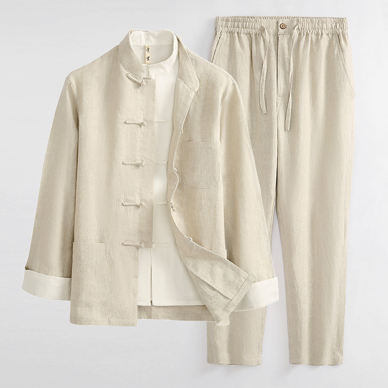 Pure Linen Tang Suit Men's Long-Sleeved Two-Piece Suit Chinese Style Spring and Autumn Men's Jacket Chinese Style Men's Clothing Hanfu Men