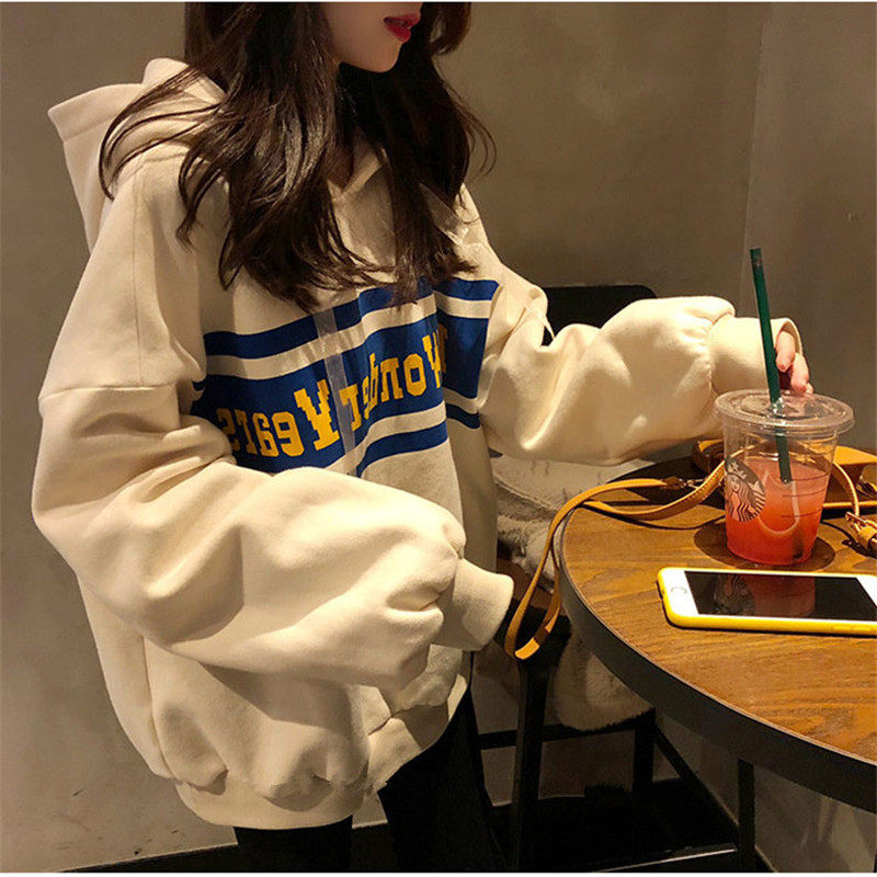 Sweatshirt new female Lianhood loose oversize thickened with velvety autumn and Korean prints Lazy Temperament Blouses