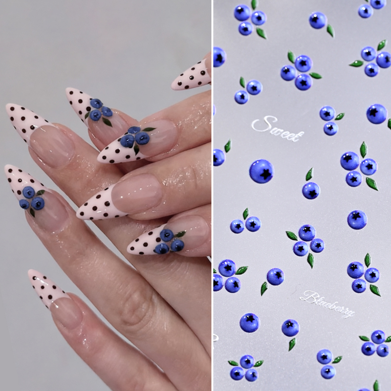 Cute Little Blueberry Embossed Jelly Nail Stickers, Fresh and Simple Fruit 3D Nail Adhesive Decorations