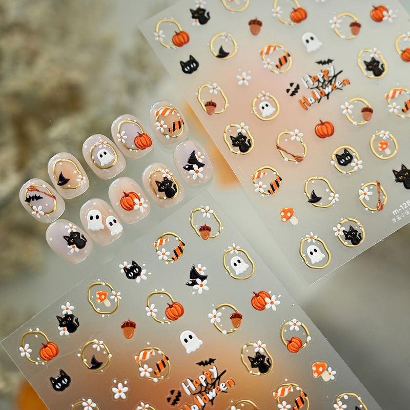 Black Cat Ghost Halloween Nail Art Stickers Cute Sweet Cool Halloween Small Gold Circle Adhesive Nail Decals Decorations