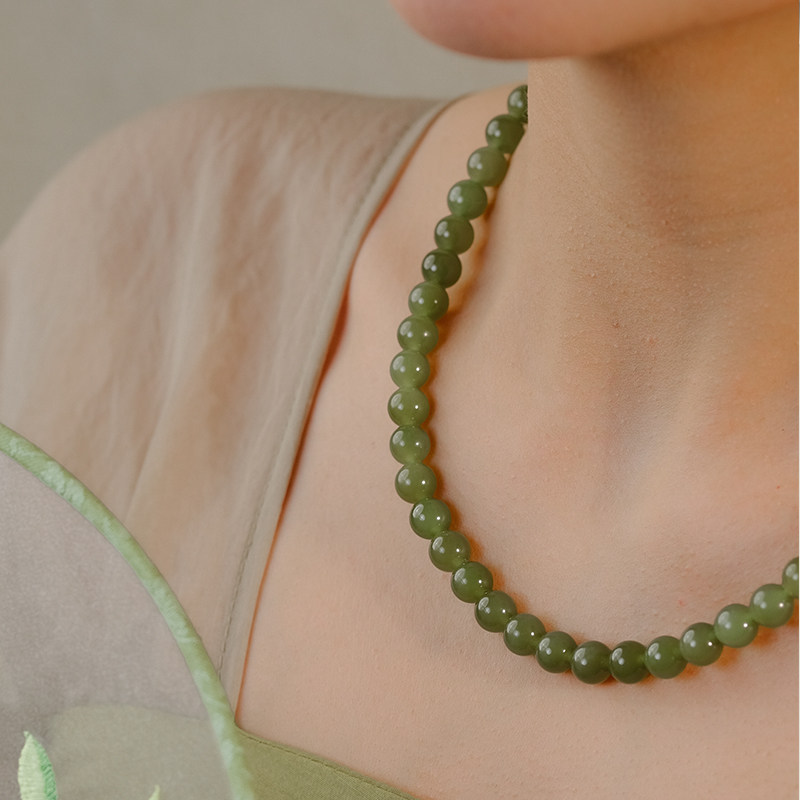 "Green Jade" Natural Clear Water Hetian Jade Round Bead Necklace for Women, Beaded Jade Necklace, Gift for Mom