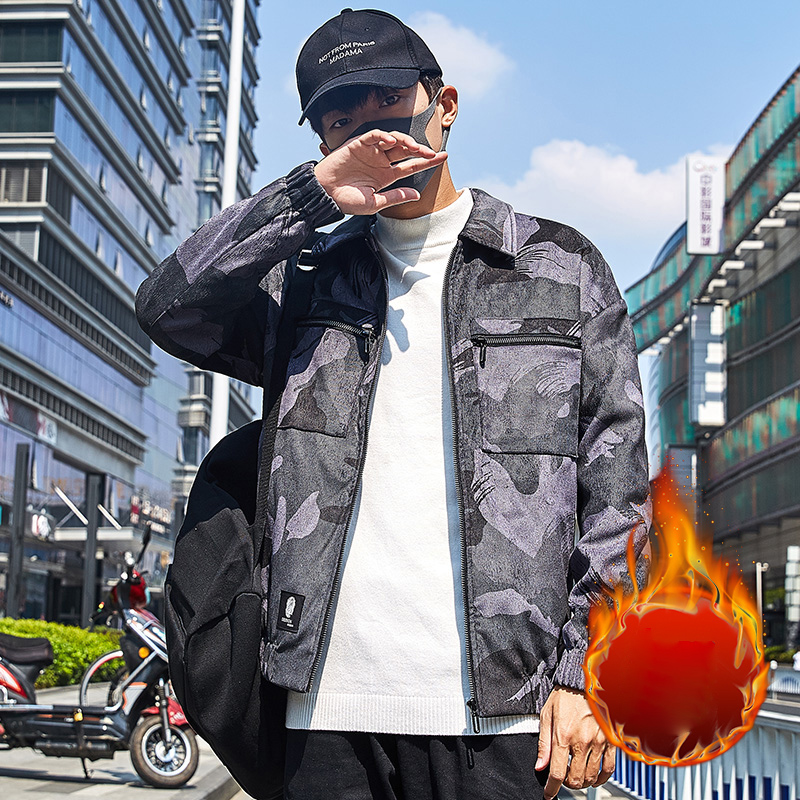 HWE外套男加绒加厚潮流休闲帅气工装夹克男士灯芯绒秋冬季上衣服