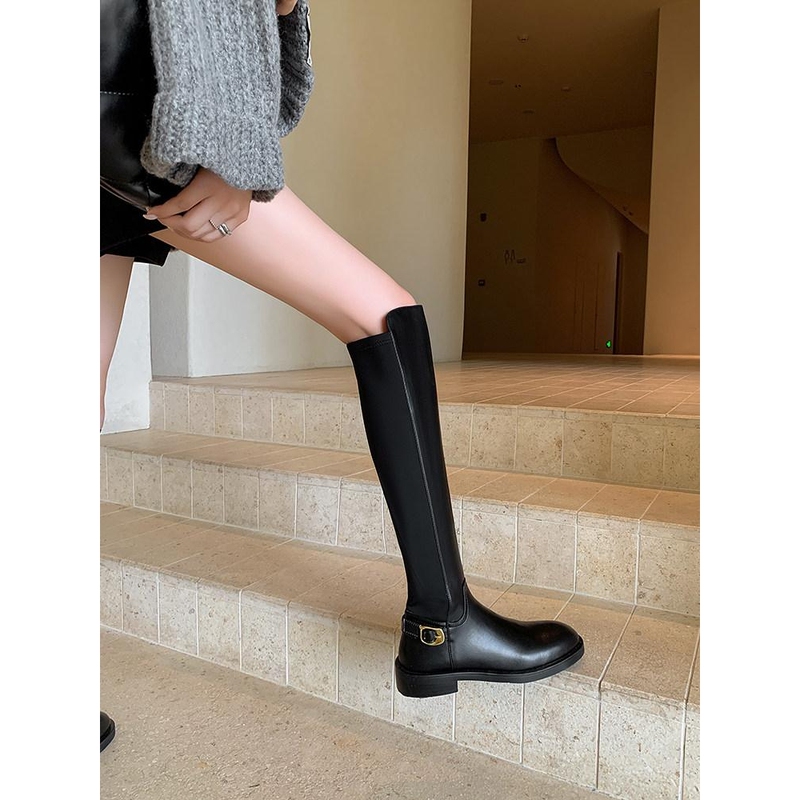 Fang Xiaojiu Korean-Style Genuine Leather Color-Blocked British Knight Boots, Flat-Soled Slimming Long Boots for Women, Over-The-Knee High Boots