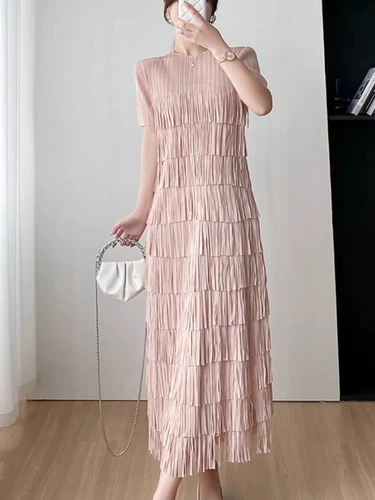 Issey Miyake Three House Life Folding Dress 2024 Лето лето с коротким рукавом многослойный пролив Длинная юбка