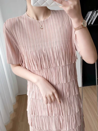 Issey Miyake Three House Life Folding Dress 2024 Лето лето с коротким рукавом многослойный пролив Длинная юбка