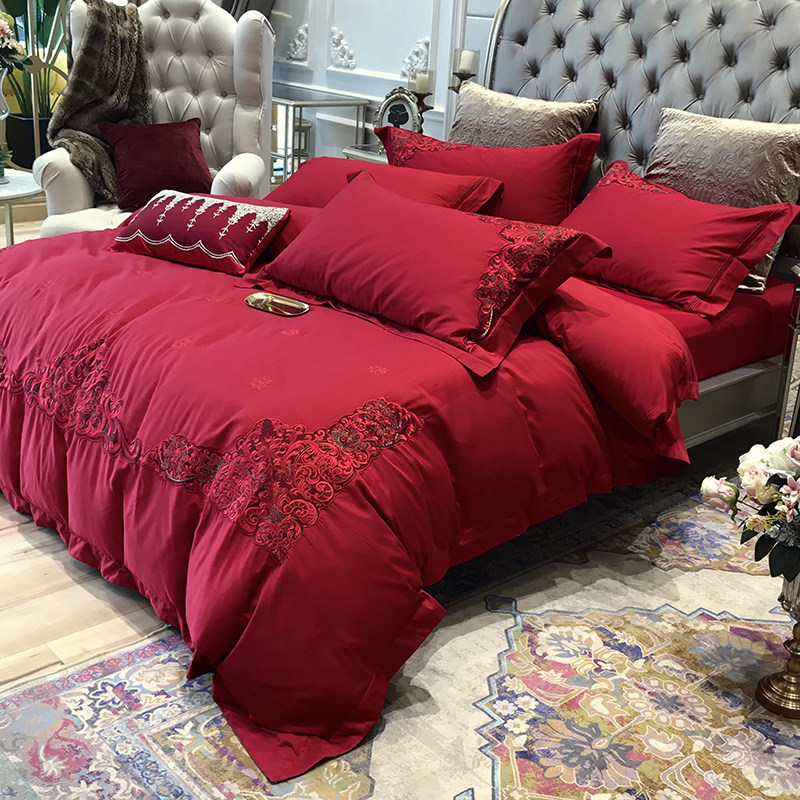 Eurostyle big red wedding celebration four sets of all-cotton pure cotton New wedding celebration Embroidery Bed Goods Wedding room bedding