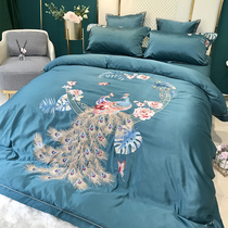 Upscale New Chinese pure cotton wedding with four sets of Chinese wind peacock embroidery genuine silk quilt cover All cotton 1 8m Bed Hat