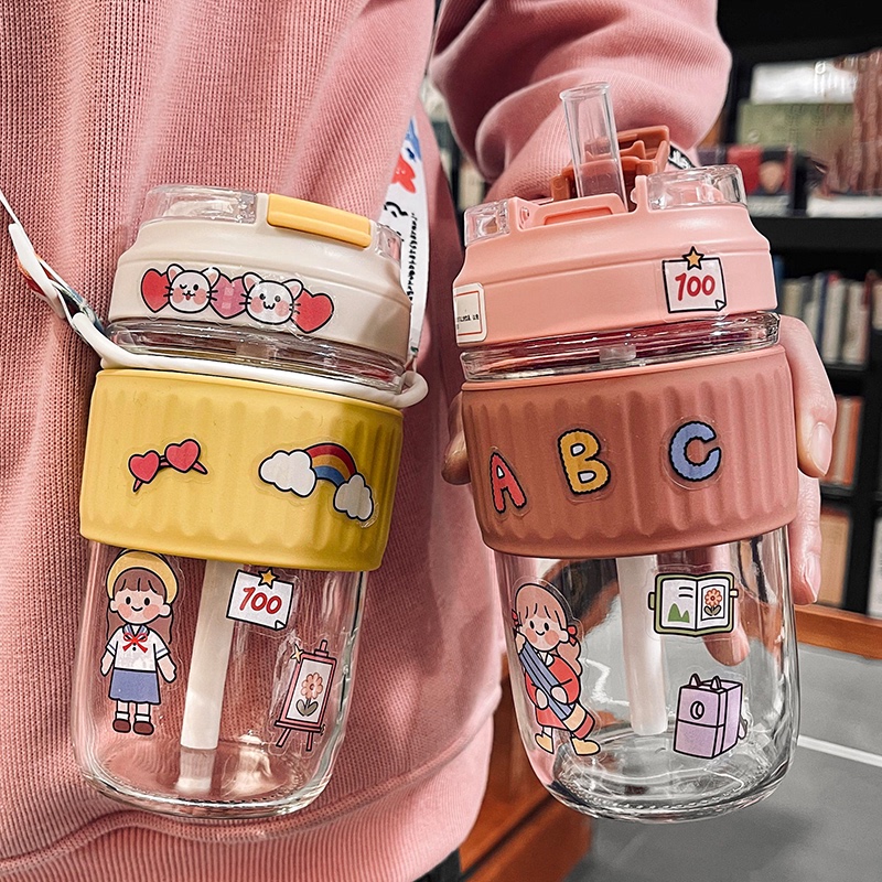 High face value water glass summer small portable with straw glass schoolgirl sticker tennis red double drink 2021 new