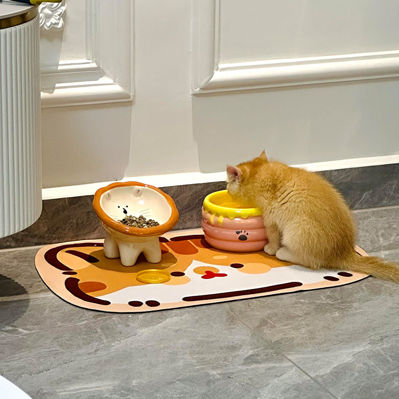 Large-Diameter Ceramic Cat Bowl, Anti-Spill, Cute Cat Food Bowl, Neck-Protecting, High-Legged, Slanted Mouth, Anti-Black Chin Pet Bowl