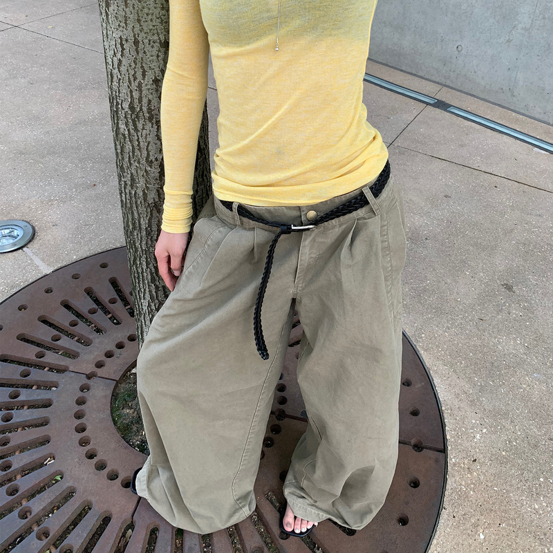 E7Q8 American-Style Loose Wide-Leg Pleated Casual Straight-Leg Long Pants for Women, Washed and Distressed Wide-Leg Casual Floor-Length Pants