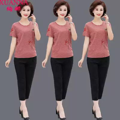 Mom summer short-sleeved suit new middle-aged and elderly clothes women's spring and autumn T-shirt pants two-piece Western style 40-50 years old