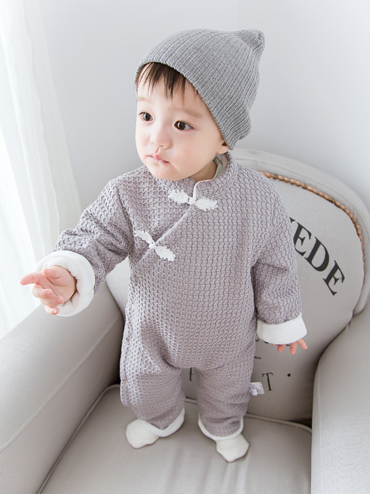 Mùa đông 2018 mới cho bé trai và bé gái gió quốc gia khóa tấm cộng với bộ jumpsuit nhung dày body suit cho be so sinh