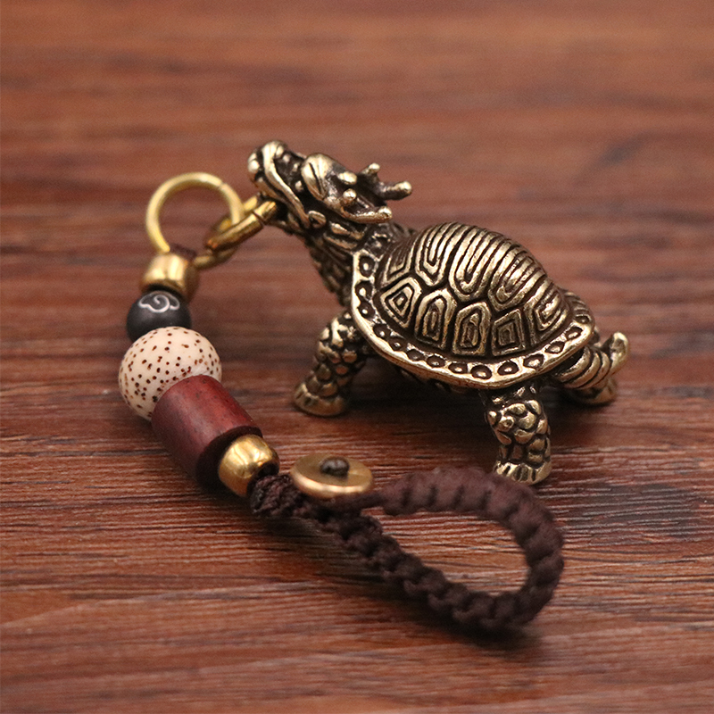 Vintage Copper Mythical Beast Dragon Head Solid Brass Turtle Pendant Paperweight Wealth-Attracting Car Keychain Ornament
