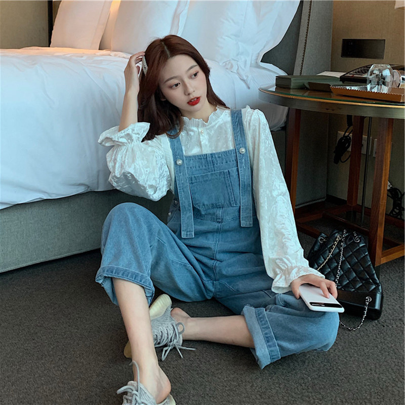 Spring 2021 new salt fried street Korean version blue wide-leg pants white shirt two-piece suit womens summer