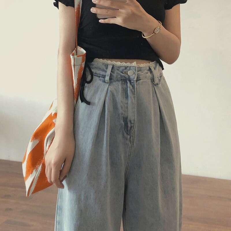 Elegant wind small sub wearing lap chic harbor taste light color high waist wide leg jeans children design a small crowdsourced straight