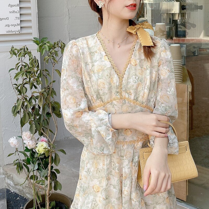 2021 new item gentle wind elegant salt sweet high-end chiffon light floral oil painting skirt dress womens summer