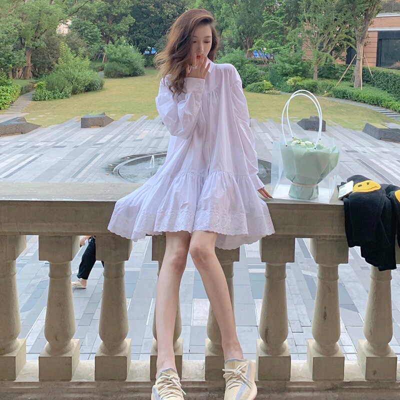 2021 early spring new womens French first love socialite high-class Sen Sen princess white shirt dress sub-summer