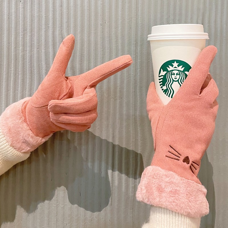 Gloves Winter Lady Cute Ins Nets Red Touch Screen Lady Thickened Leather Windproof Cold Winter Sky Bike Warm God 