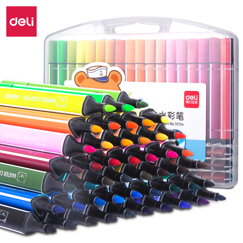 Deli triangle rod watercolor pen washable watercolor pen set 18 colors 24 colors 36 colors 48 colors Students children kindergarten drawing painting graffiti Safe and clean washable pen Watercolor