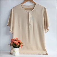 Mùa hè xanh trung niên nam ngắn tay mềm mịn màu rắn cổ tròn cotton lụa đồ ngủ cotton nhân tạo áo đơn - Pyjama đồ bộ nam nữ