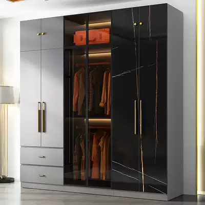 Wardrobe modern minimalist assembly cabinet home bedroom Italian minimalist cloakroom glass wardrobe swing door six doors