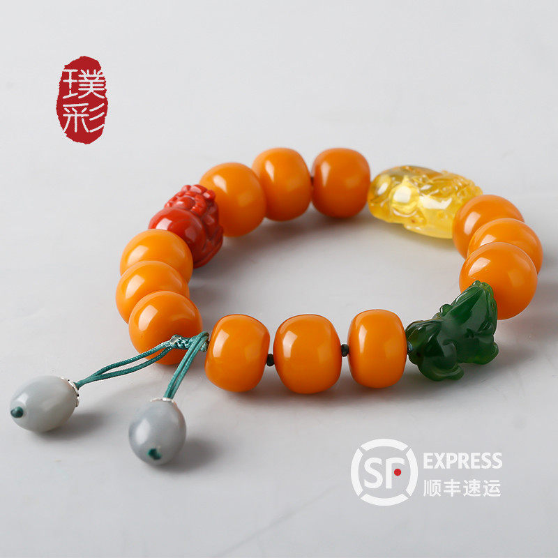 Pucai natural amber beeswax cat dobao accessories pretty old beeswax barrel beads bracelet southern red jasper bracelet