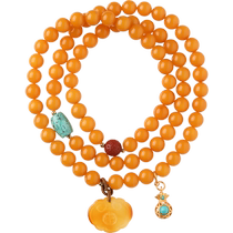 Pucai Natural Beeswax Bracelet Chicken Oil Yellow Old Honey Amber Bracelet Mens and Womens Ball Beads Fu Peace Lock Pendant
