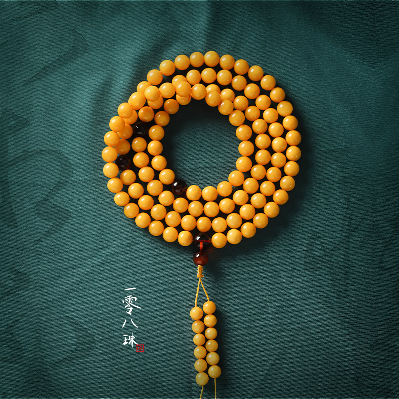 Natural beeswax bracelet with chicken fat yellow, full of 108 honey beads, hand-held old beeswax rosary, amber round beads, multi-circle