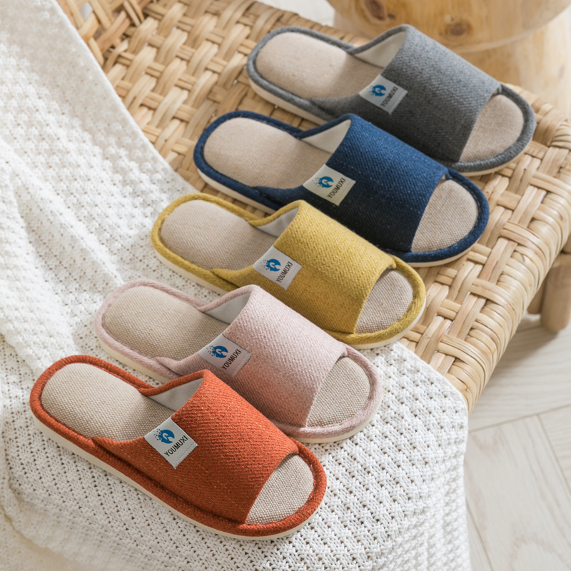 Mu Hai Ju four seasons home slippers Japanese couple home linen fabric autumn and winter warm indoor floor non-slip