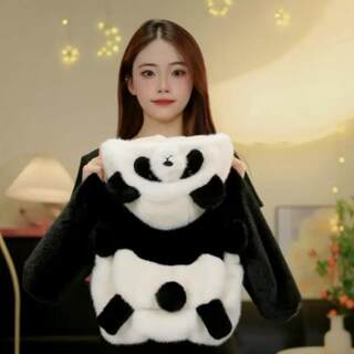 Panda baby fur jacket 2025 new cute cartoon children's hooded thickened cotton clothes plus velvet warm winter clothes