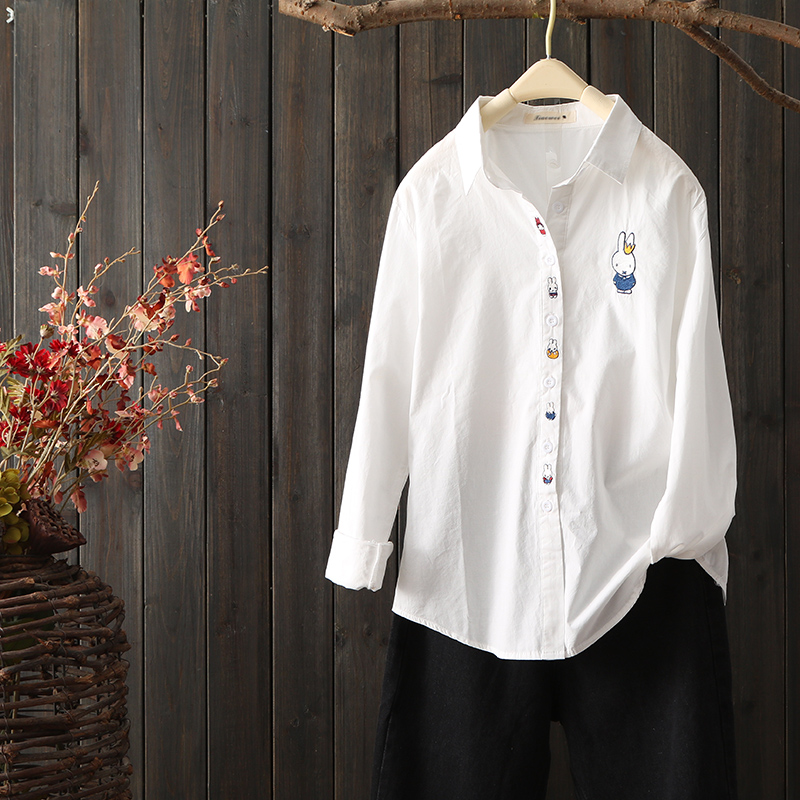 Original artistic embroidery long sleeve and pure cotton white shirt women casual minimal bottom shirt spring coat