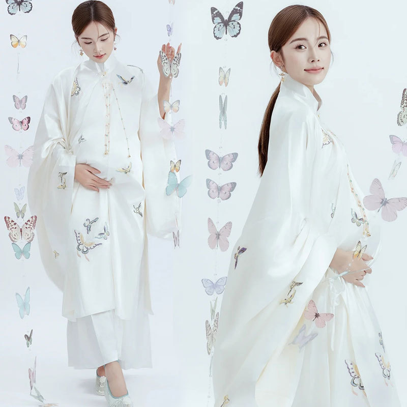 New Maternity Costume for Photo Shoots: Traditional Chinese Style Fairy Outfit with Modern Elements, Featuring Airplane Sleeves, Suitable for Spring, Hanfu Style, for Commuting and Photo Shoots